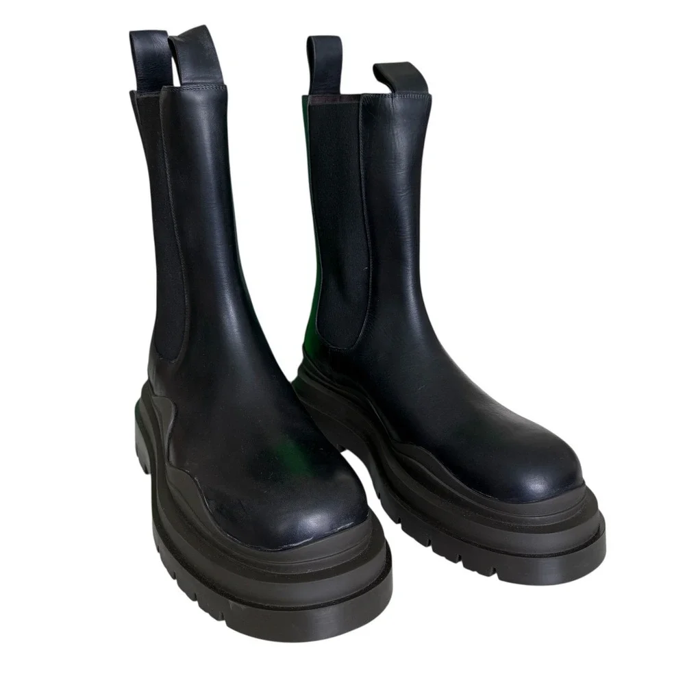 Bottega‎ Veneta 630284 Military Calf Black Leather Brown & Black Tire Boots 40